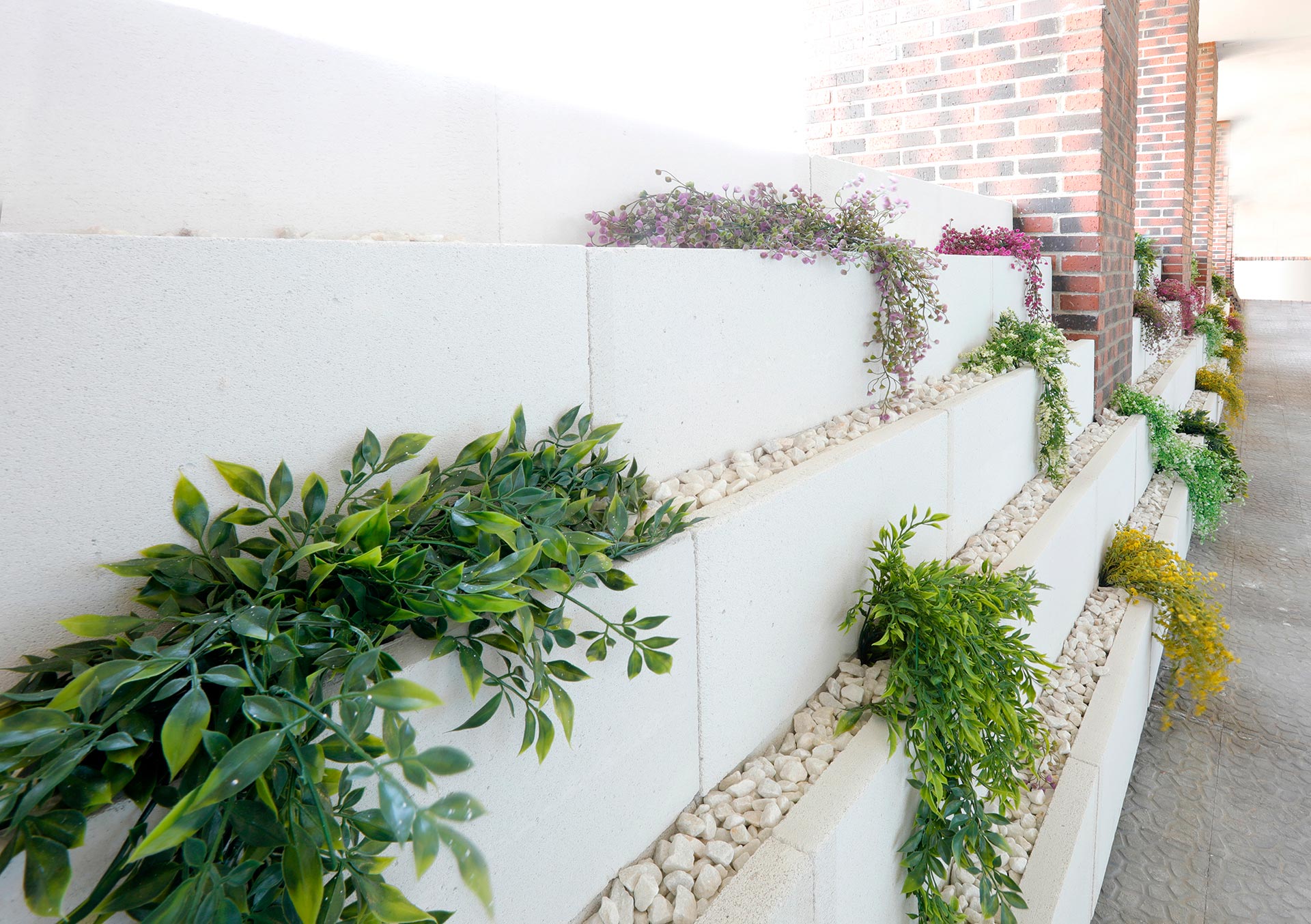 Jardinera de hormigón de local de diseño con plantas de colores diseñado por Moah Arquitectos en Santander